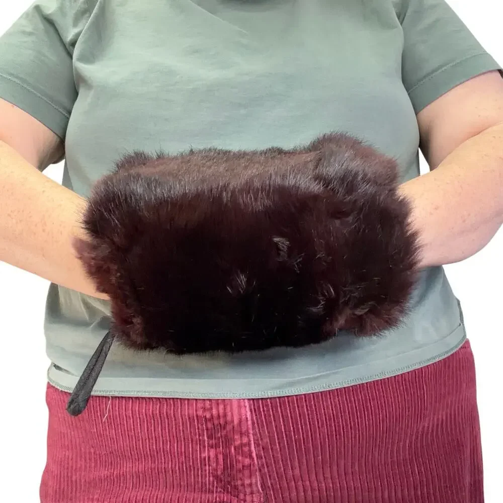 Vintage Real Fur Muff Hand Warmer brown Cherry Burgundy Satin Strap old money